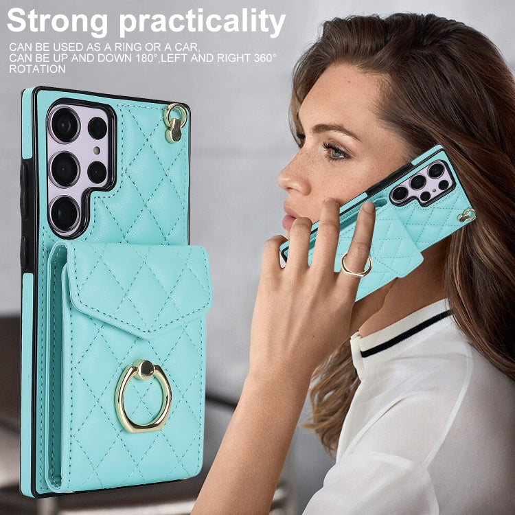 For Samsung Galaxy S23 Ultra 5G Rhombic Texture Card Bag Phone Case with Long Lanyard(Mint Green) - Galaxy S23 Ultra 5G Cases by buy2fix | Online Shopping UK | buy2fix
