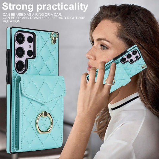For Samsung Galaxy S23 Ultra 5G Rhombic Texture Card Bag Phone Case with Long Lanyard(Mint Green) by buy2fix