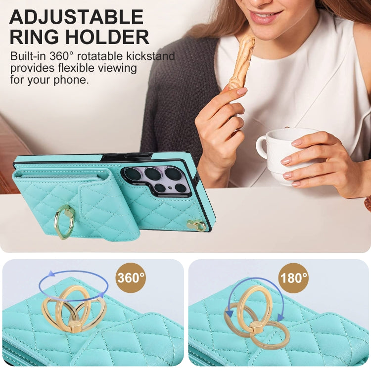 For Samsung Galaxy S23 Ultra 5G Rhombic Texture Card Bag Phone Case with Long Lanyard(Mint Green) - Galaxy S23 Ultra 5G Cases by buy2fix | Online Shopping UK | buy2fix