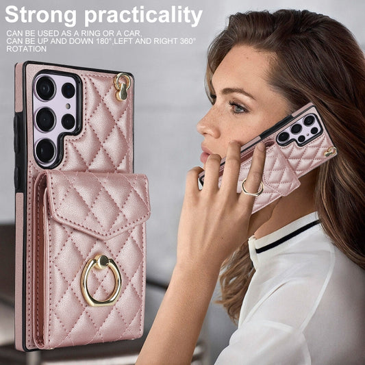 For Samsung Galaxy S23 Ultra 5G Rhombic Texture Card Bag Phone Case with Long Lanyard(Rose Gold) by buy2fix