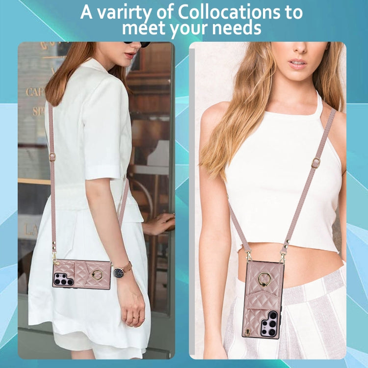 For Samsung Galaxy S23 Ultra 5G Rhombic Texture Card Bag Phone Case with Long Lanyard(Rose Gold) by buy2fix