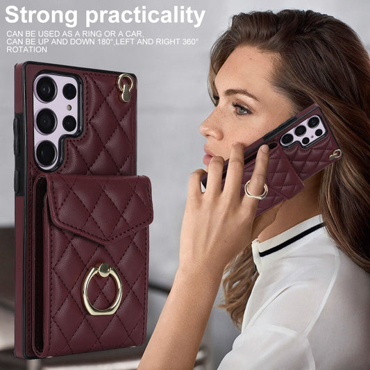 For Samsung Galaxy S23 Ultra 5G Rhombic Texture Card Bag Phone Case with Long Lanyard(Wine Red) by buy2fix