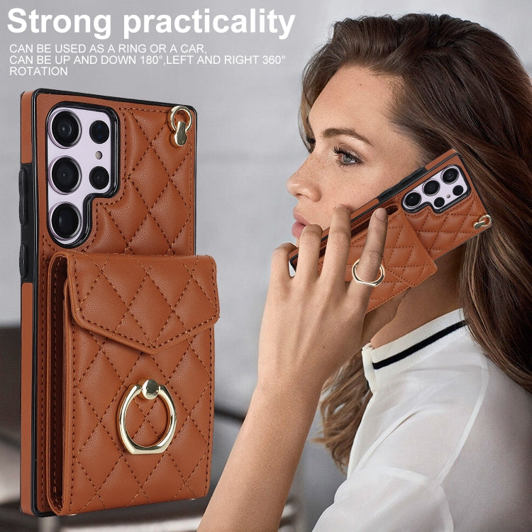For Samsung Galaxy S23 Ultra 5G Rhombic Texture Card Bag Phone Case with Long Lanyard(Brown) - Galaxy S23 Ultra 5G Cases by buy2fix | Online Shopping UK | buy2fix