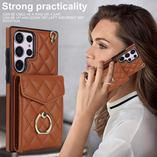 For Samsung Galaxy S23 Ultra 5G Rhombic Texture Card Bag Phone Case with Long Lanyard(Brown) by buy2fix