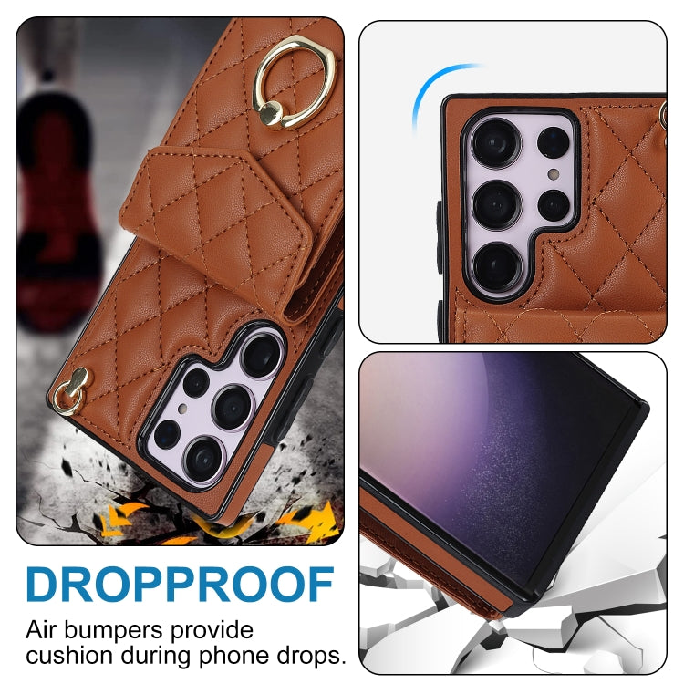 For Samsung Galaxy S23 Ultra 5G Rhombic Texture Card Bag Phone Case with Long Lanyard(Brown) - Galaxy S23 Ultra 5G Cases by buy2fix | Online Shopping UK | buy2fix