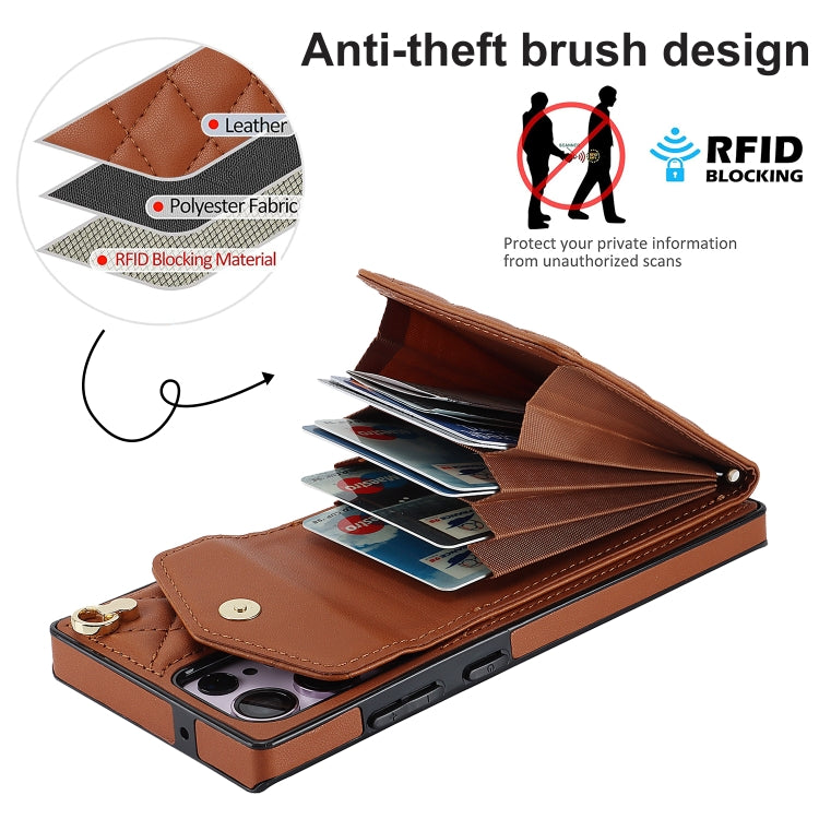 For Samsung Galaxy S23 Ultra 5G Rhombic Texture Card Bag Phone Case with Long Lanyard(Brown) - Galaxy S23 Ultra 5G Cases by buy2fix | Online Shopping UK | buy2fix