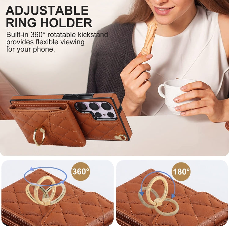 For Samsung Galaxy S23 Ultra 5G Rhombic Texture Card Bag Phone Case with Long Lanyard(Brown) - Galaxy S23 Ultra 5G Cases by buy2fix | Online Shopping UK | buy2fix