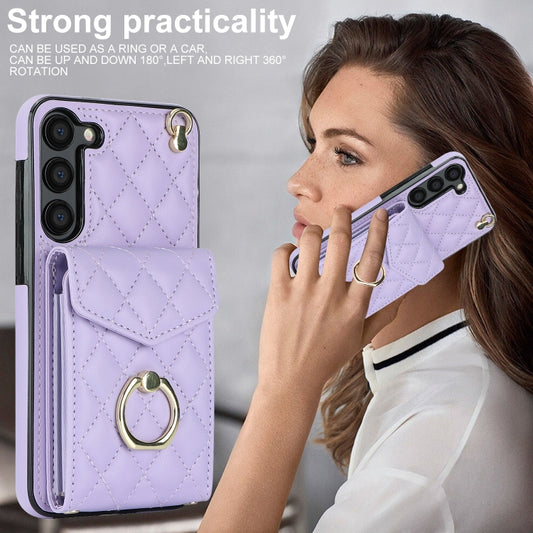 For Samsung Galaxy S23+ 5G Rhombic Texture Card Bag Phone Case with Long Lanyard(Light Purple) by buy2fix