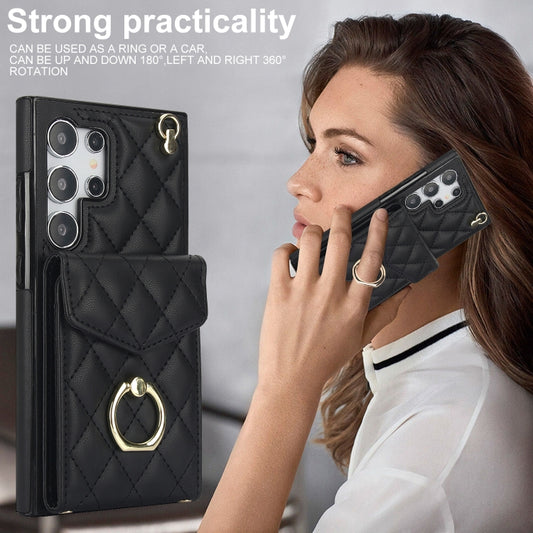 For Samsung Galaxy S24 Ultra 5G Rhombic Texture Card Bag Phone Case with Long Lanyard(Black) - Galaxy S24 Ultra 5G Cases by buy2fix | Online Shopping UK | buy2fix