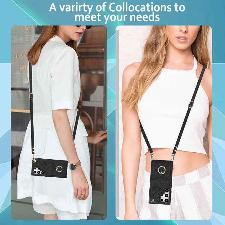For Samsung Galaxy S24 Ultra 5G Rhombic Texture Card Bag Phone Case with Long Lanyard(Black) - Galaxy S24 Ultra 5G Cases by buy2fix | Online Shopping UK | buy2fix