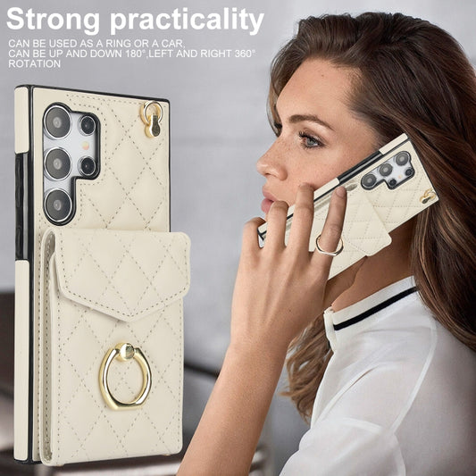 For Samsung Galaxy S24 Ultra 5G Rhombic Texture Card Bag Phone Case with Long Lanyard(White) - Galaxy S24 Ultra 5G Cases by buy2fix | Online Shopping UK | buy2fix