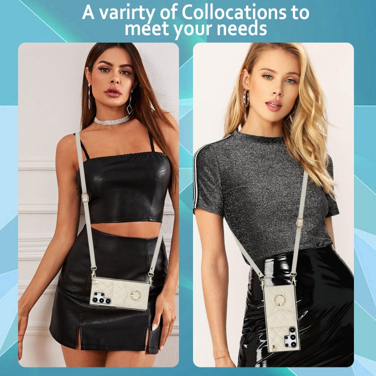 For Samsung Galaxy S24 Ultra 5G Rhombic Texture Card Bag Phone Case with Long Lanyard(White) - Galaxy S24 Ultra 5G Cases by buy2fix | Online Shopping UK | buy2fix