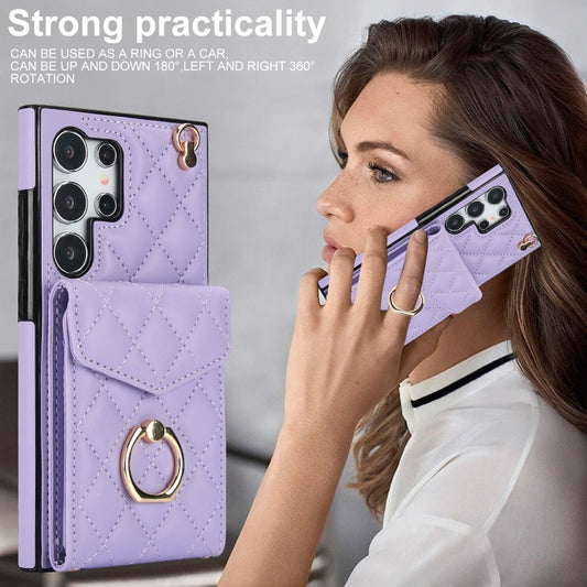 For Samsung Galaxy S24 Ultra 5G Rhombic Texture Card Bag Phone Case with Long Lanyard(Light Purple) - Galaxy S24 Ultra 5G Cases by buy2fix | Online Shopping UK | buy2fix