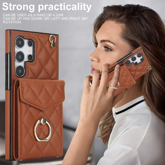 For Samsung Galaxy S24 Ultra 5G Rhombic Texture Card Bag Phone Case with Long Lanyard(Brown) - Galaxy S24 Ultra 5G Cases by buy2fix | Online Shopping UK | buy2fix