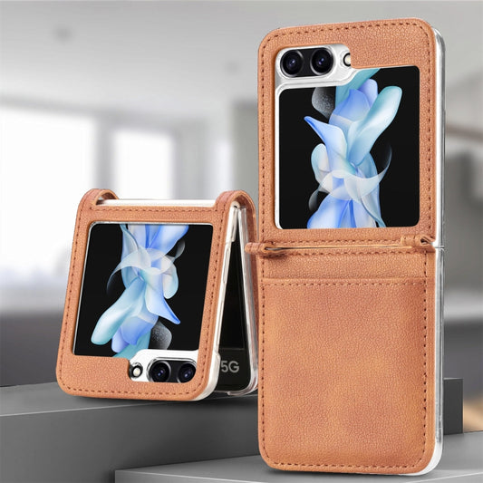 For Samsung Galaxy Z Flip5 Litchi Texture PU Card Fold Back Phone Case(Brown) by buy2fix