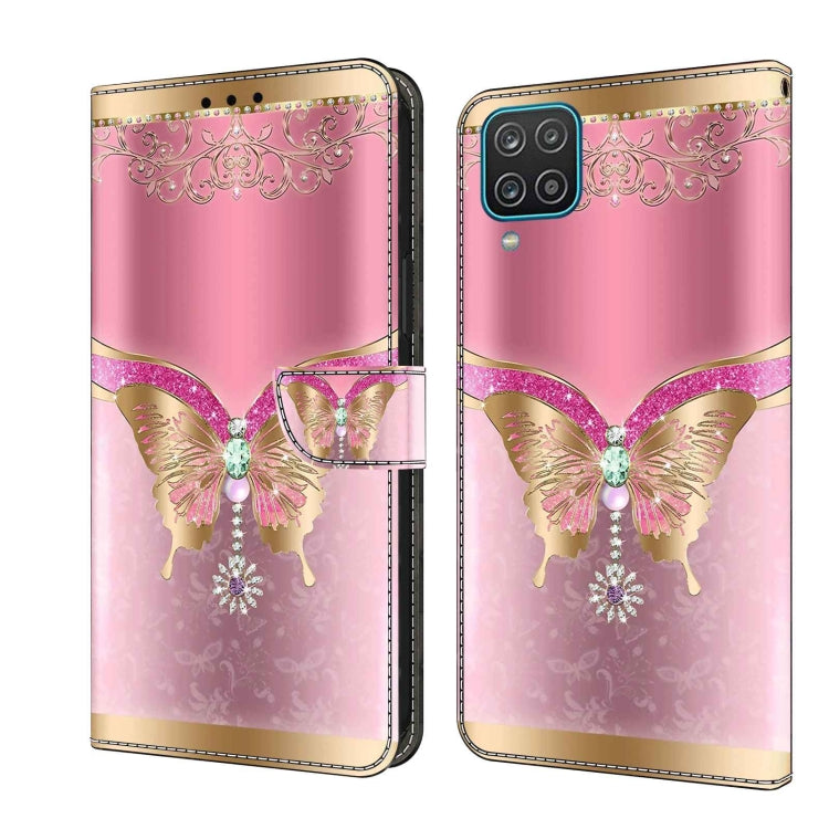 For Samsung Galaxy A12 4G / 5G Crystal 3D Shockproof Protective Leather Phone Case(Pink Bottom Butterfly) - Galaxy Phone Cases by buy2fix | Online Shopping UK | buy2fix