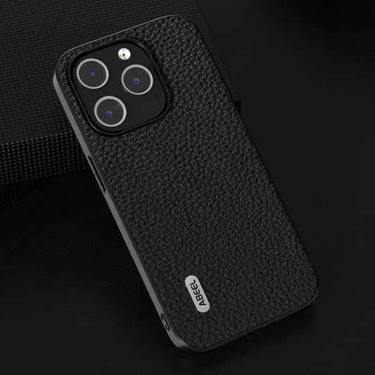 For iPhone 14 Pro ABEEL Genuine Leather Litchi Texture Phone Case(Black) by buy2fix