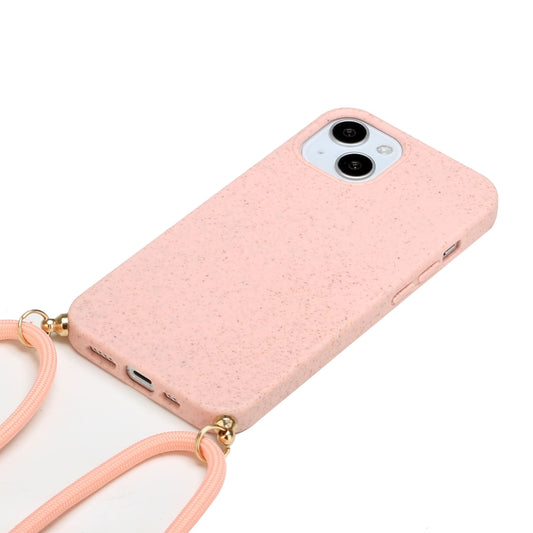 For iPhone 15 Wheat Straw Material + TPU Phone Case with Lanyard(Pink) by buy2fix