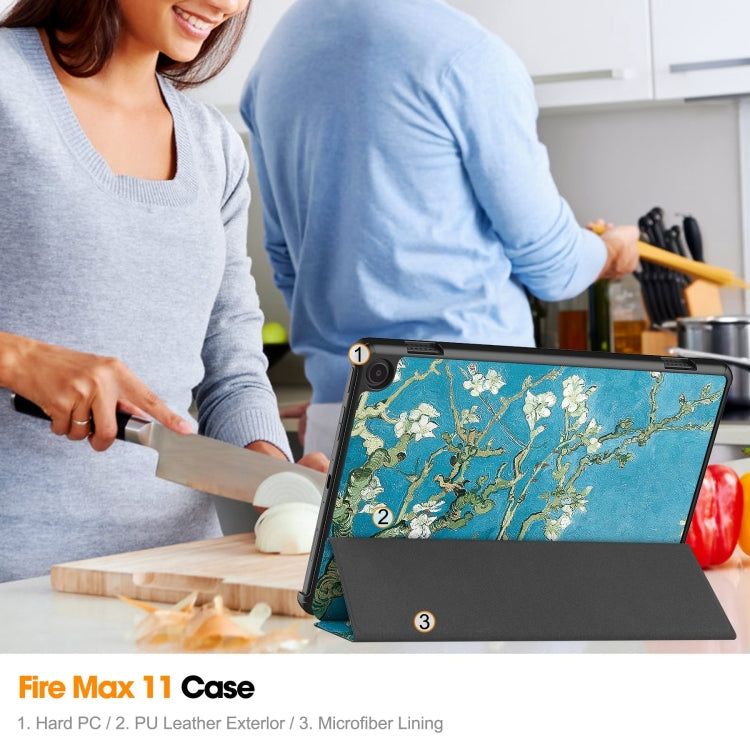 For Amazon Fire Max 11 Custer Painted 3-Fold Stand Leather Smart Tablet Case(Apricot Blossom) by buy2fix