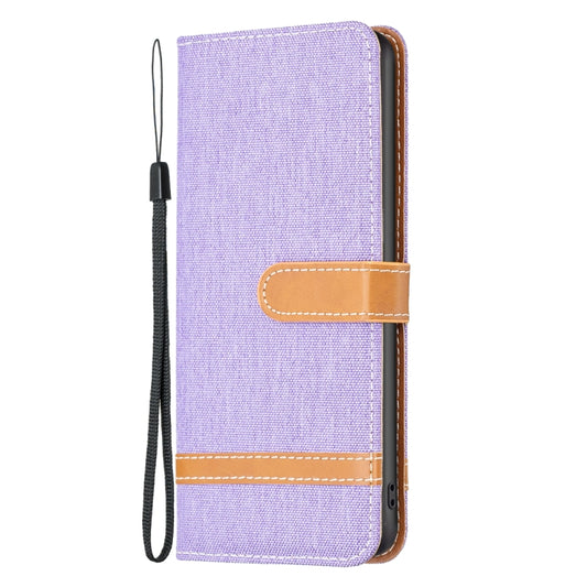 For iPhone 15 Color Block Denim Texture Leather Phone Case(Purple) by buy2fix