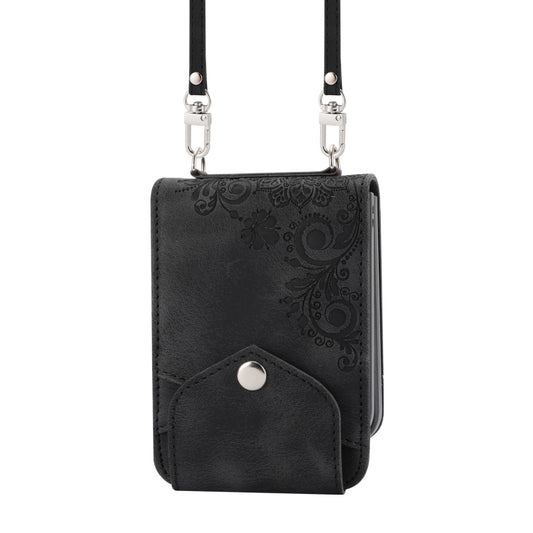 For Samsung Galaxy Z Flip5 Skin Feel Flowers Embossed Wallet Leather Phone Case(Black) by buy2fix