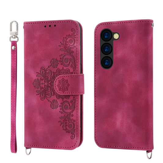 For Samsung Galaxy Z Fold5 Skin Feel Flowers Embossed Wallet Leather Phone Case(Wine Red) by buy2fix