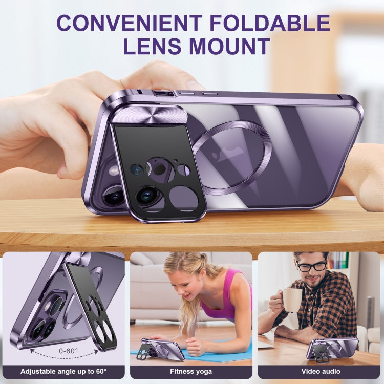 For iPhone 14 Pro Large Window Holder MagSafe Magnetic Metal Phone Case(Purple) by buy2fix