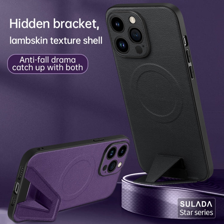 For iPhone 14 Pro SULADA Folding Holder Lambskin Texture MagSafe Phone Case(Red) - iPhone 14 Pro Cases by SULADA | Online Shopping UK | buy2fix