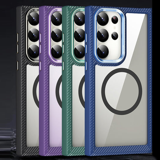 For Samsung Galaxy S23 Ultra 5G MagSafe Carbon Fiber Transparent Back Panel Phone Case(Black) by buy2fix