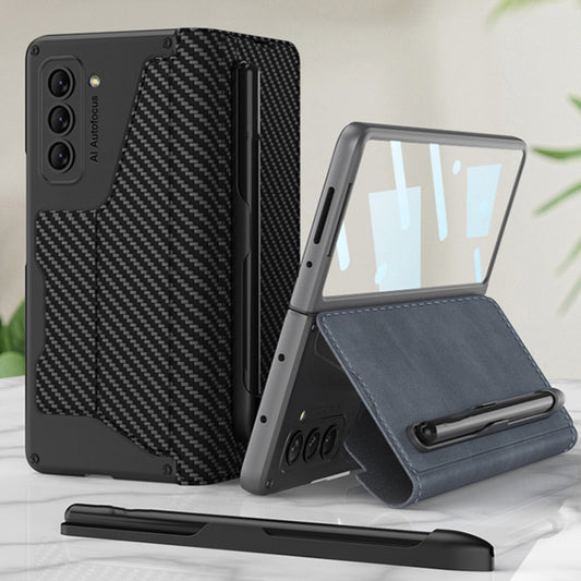 For Samsung Galaxy Z Fold5 5G GKK Screen Tempered Glass Film Armor Flip Leather Case with Pen Slot(Carbon Fiber Texture) by GKK