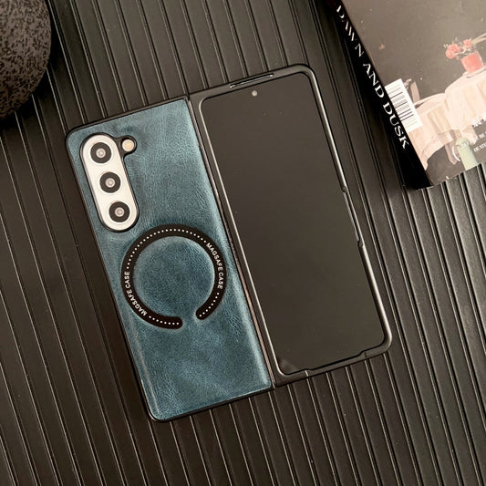 For Samsung Galaxy Z Fold5 Crazy Horse Texture Magnetic Magsafe PU Phone Case(Blue) by buy2fix