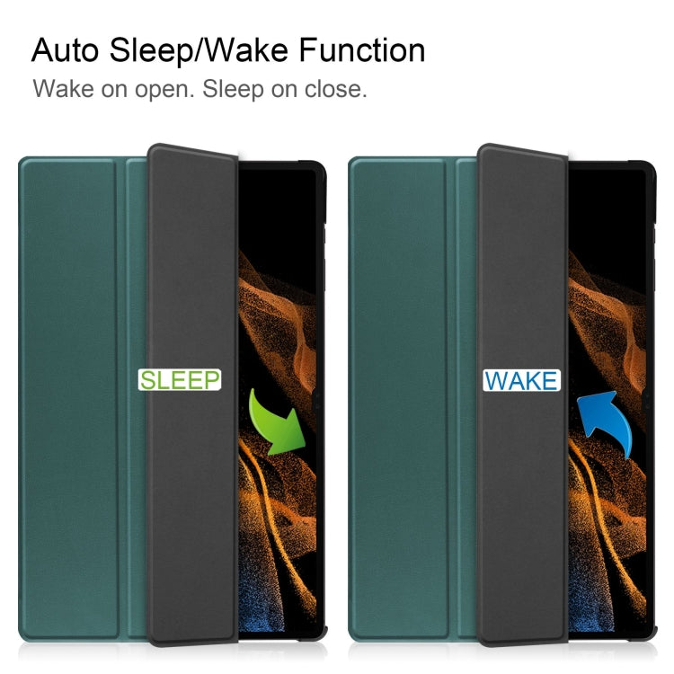 For Samsung Galaxy Tab S10 Ultra / S9 Ultra Custer Pure Color 3-Fold Holder Smart Leather Tablet Case(Dark Green) - Galaxy Tab S9 Ultra Cases by buy2fix | Online Shopping UK | buy2fix