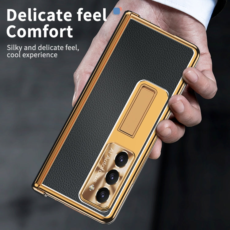 For Samsung Galaxy Z Fold5 Litchi Pattern Magnetic Shell Film Integrated Shockproof Phone Case(Black Gold) by buy2fix