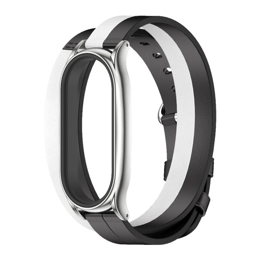 For Xiaomi Mi Band 7 Mijobs Plus Case Double-Loop Leather Watch Band(Black+White+Silver) by MIJOBS