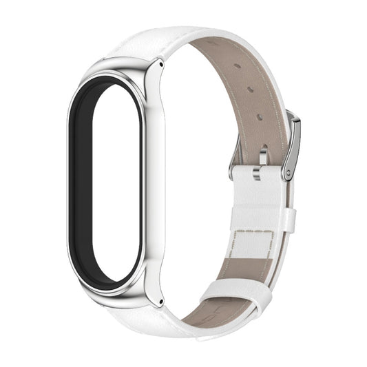 For Xiaomi Mi Band 8 Mijobs CS Case Genuine Leather Top Layer Cowhide Watch Band(White Silver) by MIJOBS