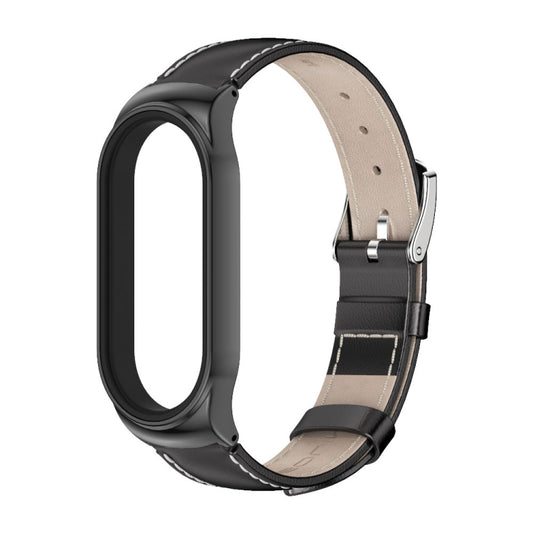 For Xiaomi Mi Band 8 Mijobs CS Case Genuine Leather Top Layer Cowhide Watch Band(Black+White) by MIJOBS