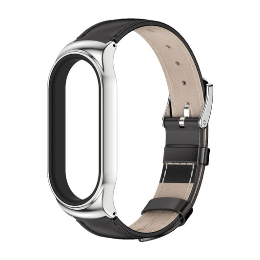For Xiaomi Mi Band 8 Mijobs CS Case Genuine Leather Top Layer Cowhide Watch Band(Black Silver) by MIJOBS