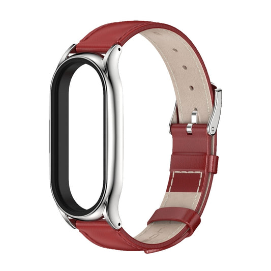 For Xiaomi Mi Band 8 Mijobs Plus Case Genuine Leather Watch Band(Red Silver) by MIJOBS
