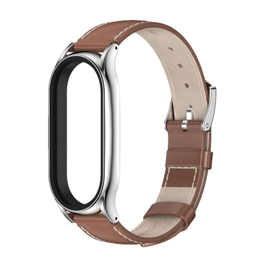 For Xiaomi Mi Band 8 Mijobs Plus Case Genuine Leather Watch Band(Brown Silver) by MIJOBS