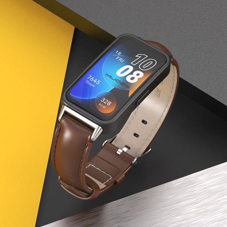 For Huawei Band 8 / 9 / 10 Mijobs Cowhide Leather Watch Band(Bamboo Coffee Silver) by MIJOBS