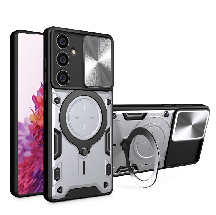 For Samsung Galaxy S23 FE 5G CD Texture Sliding Camshield Magnetic Holder Phone Case(Silver) - Galaxy S23 FE 5G Cases by buy2fix | Online Shopping UK | buy2fix