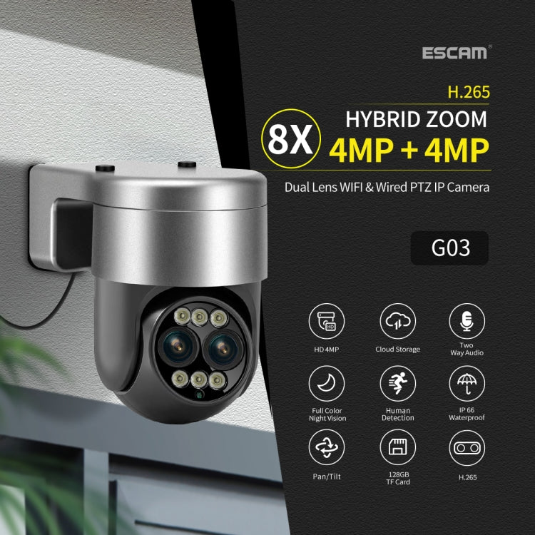 ESCAM G03 2x4MP Dual Lens Zoom 8X Dual Light Source WiFi Camera Support Two-way Voice & Motion Detection(UK Plug) - Wireless Camera by ESCAM | Online Shopping UK | buy2fix
