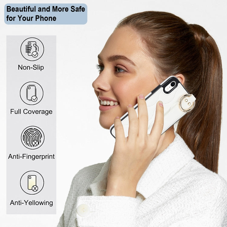 For iPhone XR Non-slip Full Coverage Ring PU Phone Case with Wristband(White) - More iPhone Cases by buy2fix | Online Shopping UK | buy2fix
