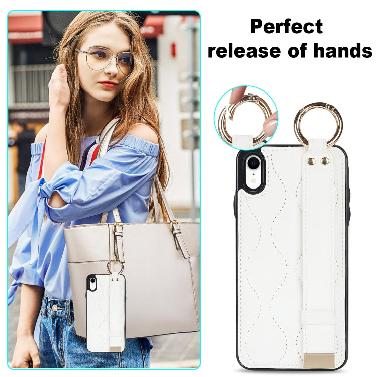 For iPhone XR Non-slip Full Coverage Ring PU Phone Case with Wristband(White) - More iPhone Cases by buy2fix | Online Shopping UK | buy2fix