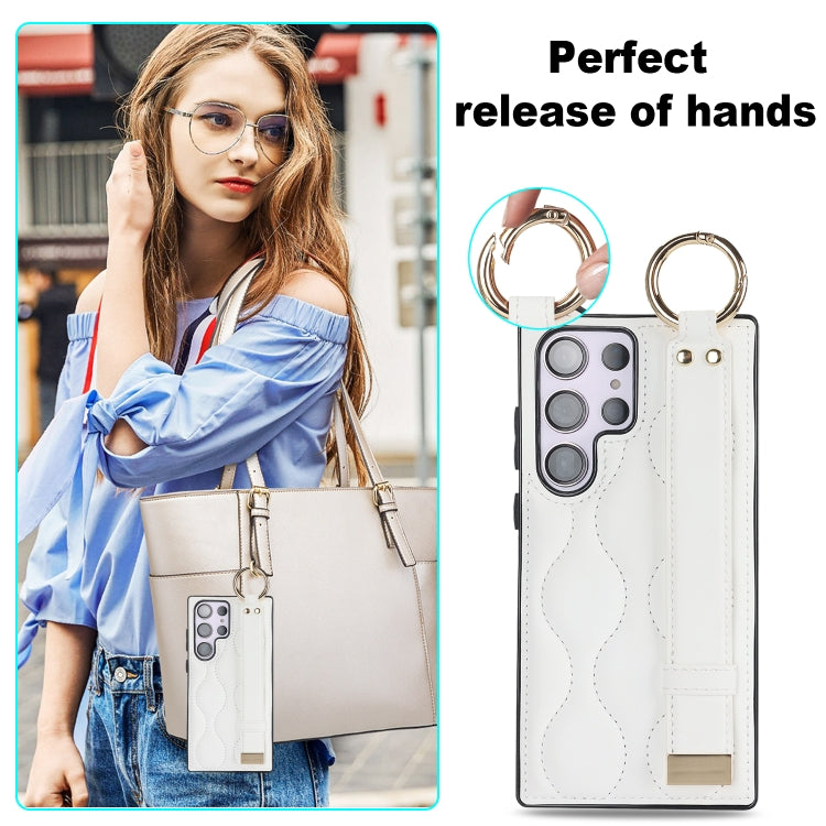 For Samsung Galaxy S23 Ultra Non-slip Full Coverage Ring PU Phone Case with Wristband(White) - Galaxy S23 Ultra 5G Cases by buy2fix | Online Shopping UK | buy2fix
