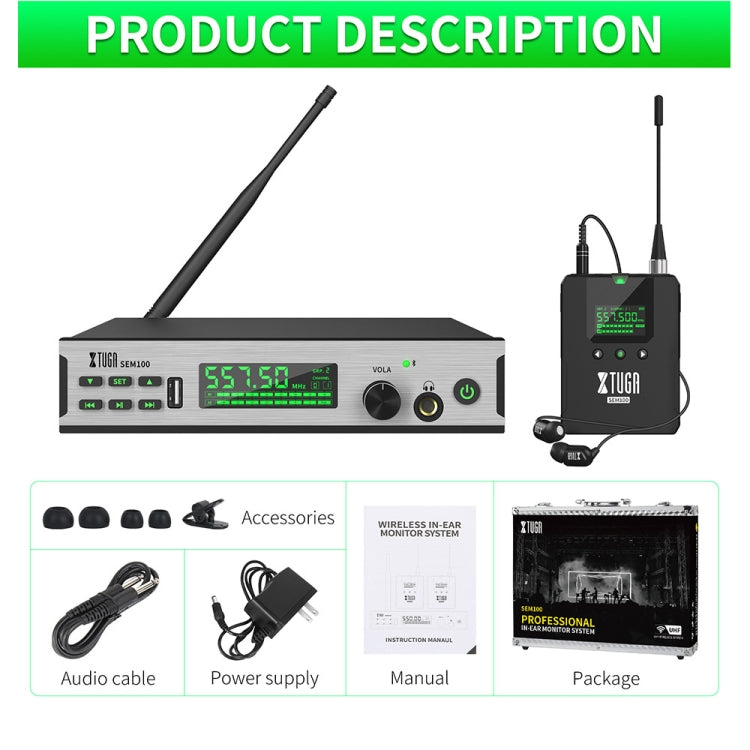 XTUGA SEM100 Professional Wireless In Ear Monitor System 2 BodyPacks(EU Plug) by XTUGA