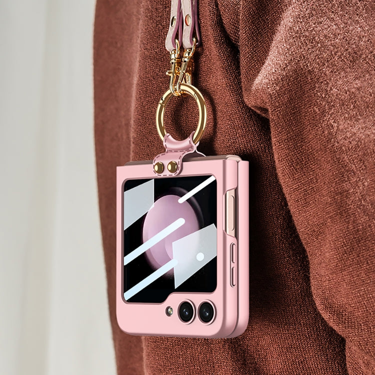 For Samsung Galaxy Z Flip5 GKK Ultra-thin PC Full Coverage Ring Holder Phone Case with Strap(Dark Green) by GKK