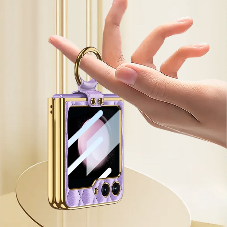 For Samsung Galaxy Z Flip5 GKK Integrated Plating Diamond Texture PU Phone Case with Ring(Purple) by GKK