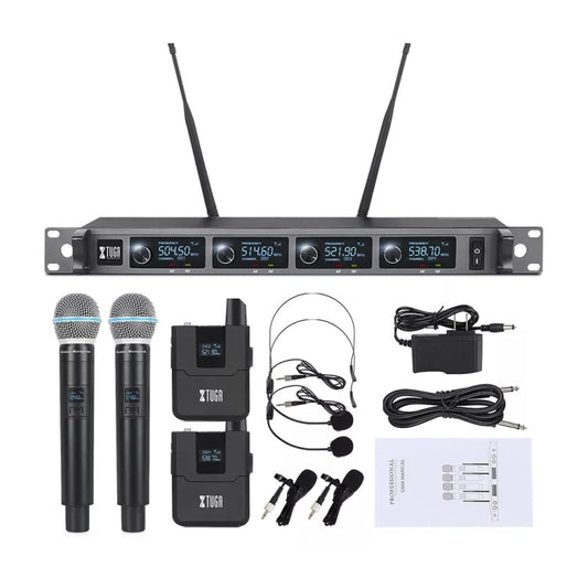 XTUGA A140-HB Wireless Microphone System 4 Channel Handheld Lavalier Headset Microphone(EU Plug) by XTUGA
