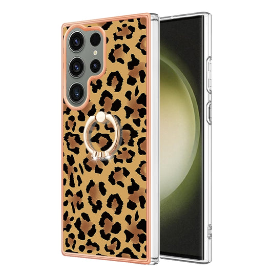 For Samsung Galaxy S23 Ultra 5G Electroplating Dual-side IMD Phone Case with Ring Holder(Leopard Print) by buy2fix